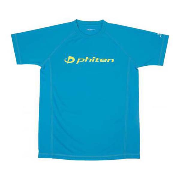 ファイテン PHITEN ユニセックス RAKUシャツSPORTS 半袖 ロゴ入り Tシャツ ターコイズ×ロゴライム Sサイズ 吸汗 速乾 JG397003